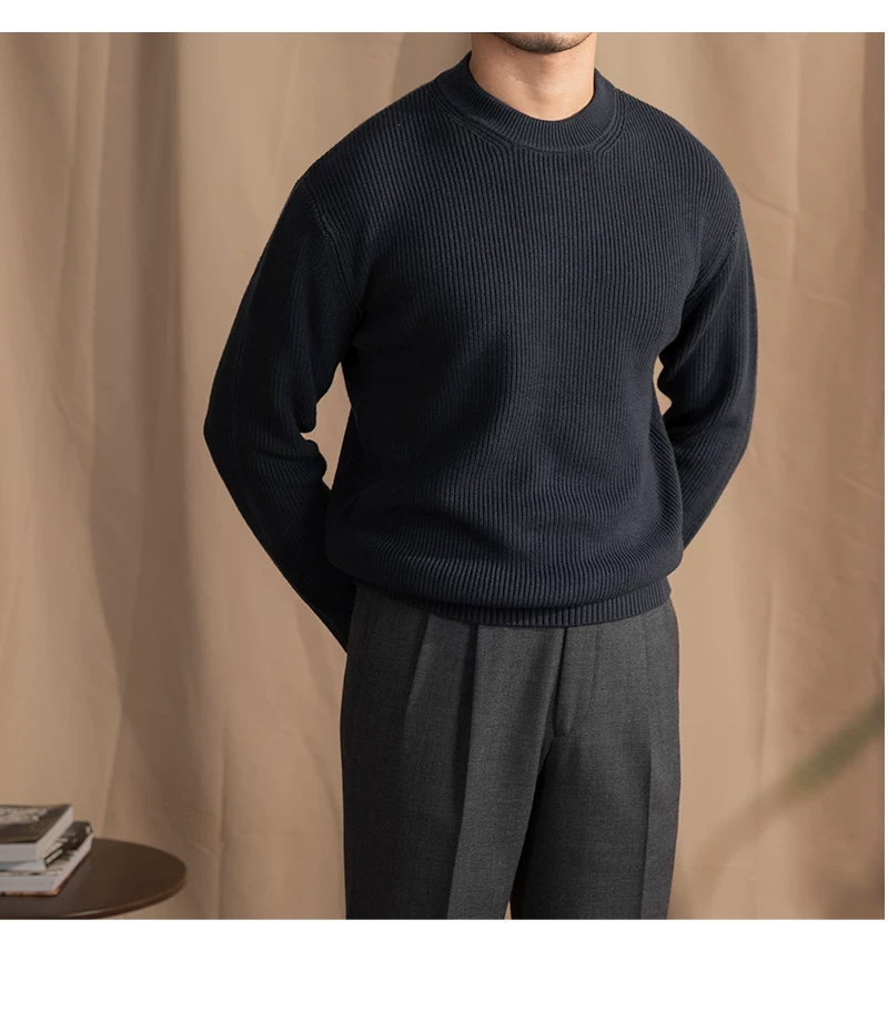 Lusanxian Birthday Leisure Micro-wide Thick Needle Crewneck Knitwear 30% Wool Pullover Long Sleeve Warm Sweater for Men