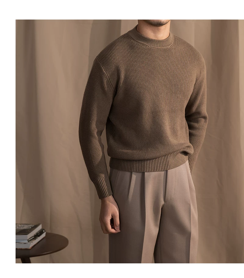 Lusanxian Birthday Leisure Micro-wide Thick Needle Crewneck Knitwear 30% Wool Pullover Long Sleeve Warm Sweater for Men