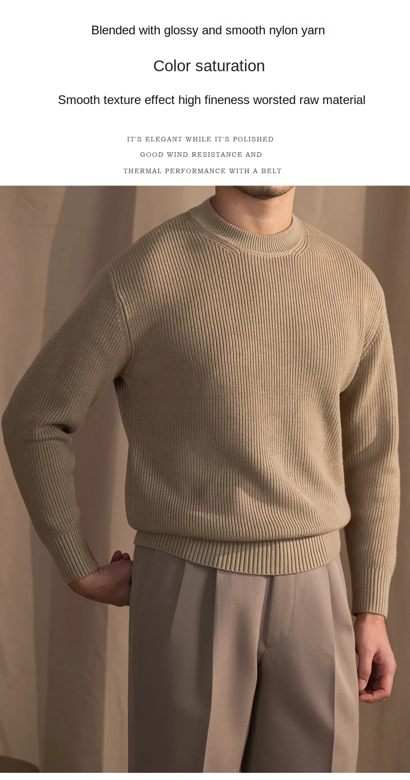 Lusanxian Birthday Leisure Micro-wide Thick Needle Crewneck Knitwear 30% Wool Pullover Long Sleeve Warm Sweater for Men