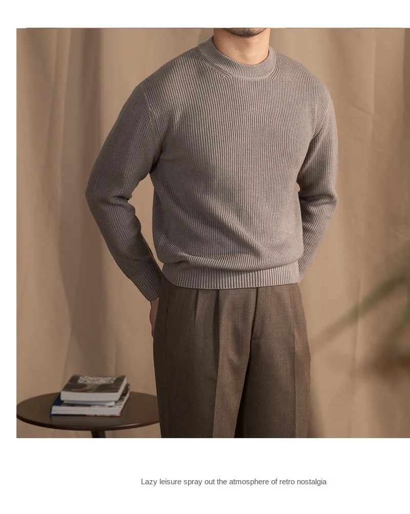 Lusanxian Birthday Leisure Micro-wide Thick Needle Crewneck Knitwear 30% Wool Pullover Long Sleeve Warm Sweater for Men