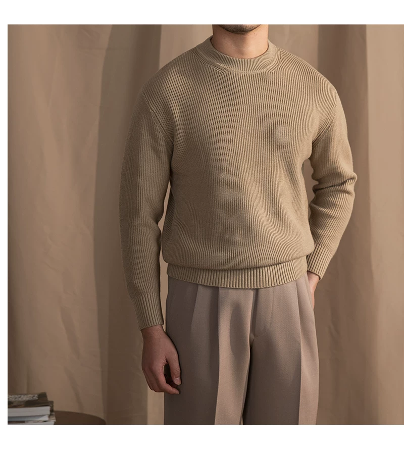 Lusanxian Birthday Leisure Micro-wide Thick Needle Crewneck Knitwear 30% Wool Pullover Long Sleeve Warm Sweater for Men