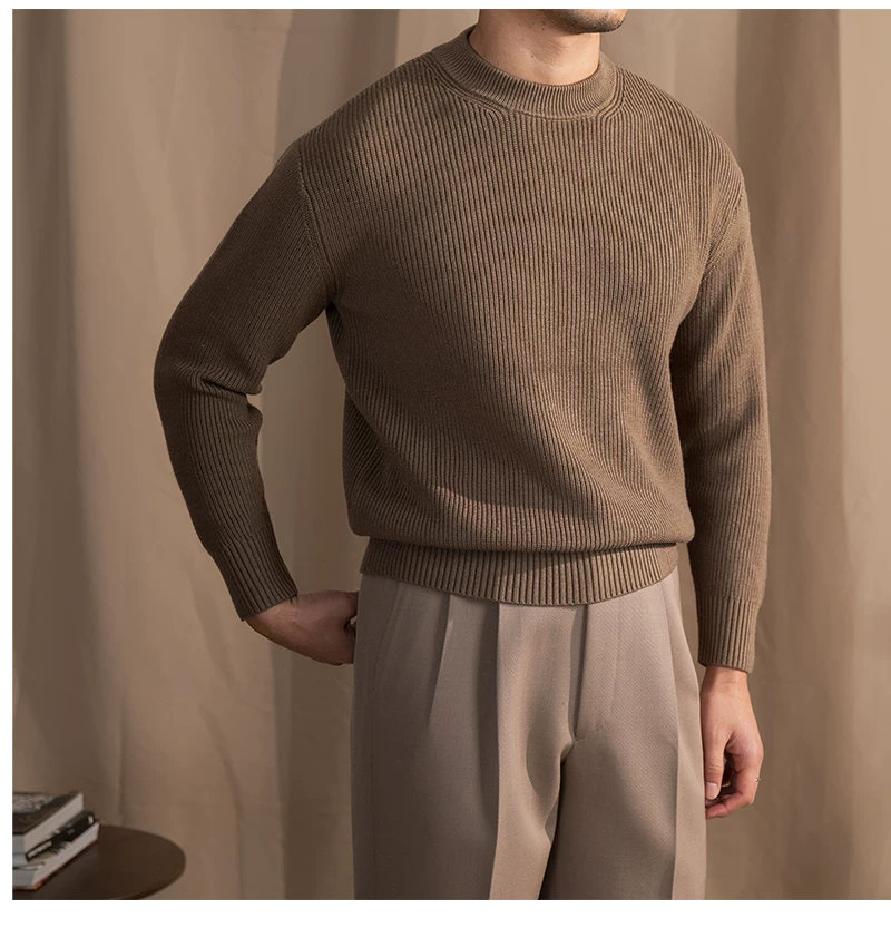 Lusanxian Birthday Leisure Micro-wide Thick Needle Crewneck Knitwear 30% Wool Pullover Long Sleeve Warm Sweater for Men