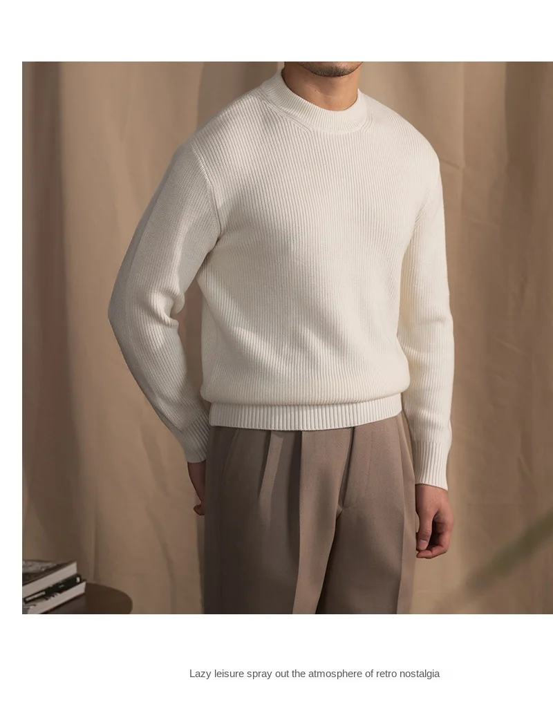 Lusanxian Birthday Leisure Micro-wide Thick Needle Crewneck Knitwear 30% Wool Pullover Long Sleeve Warm Sweater for Men