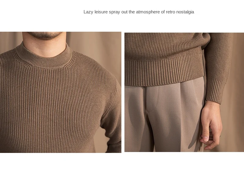 Lusanxian Birthday Leisure Micro-wide Thick Needle Crewneck Knitwear 30% Wool Pullover Long Sleeve Warm Sweater for Men