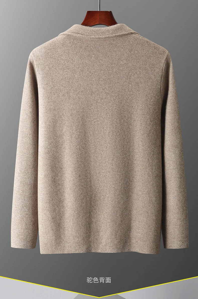 100% Merino Wool Men's Suit Collar Knitted Cardigan Autumn Winter Thickened Solid Color Suit Shirt Cashmere Jacket Sweater
