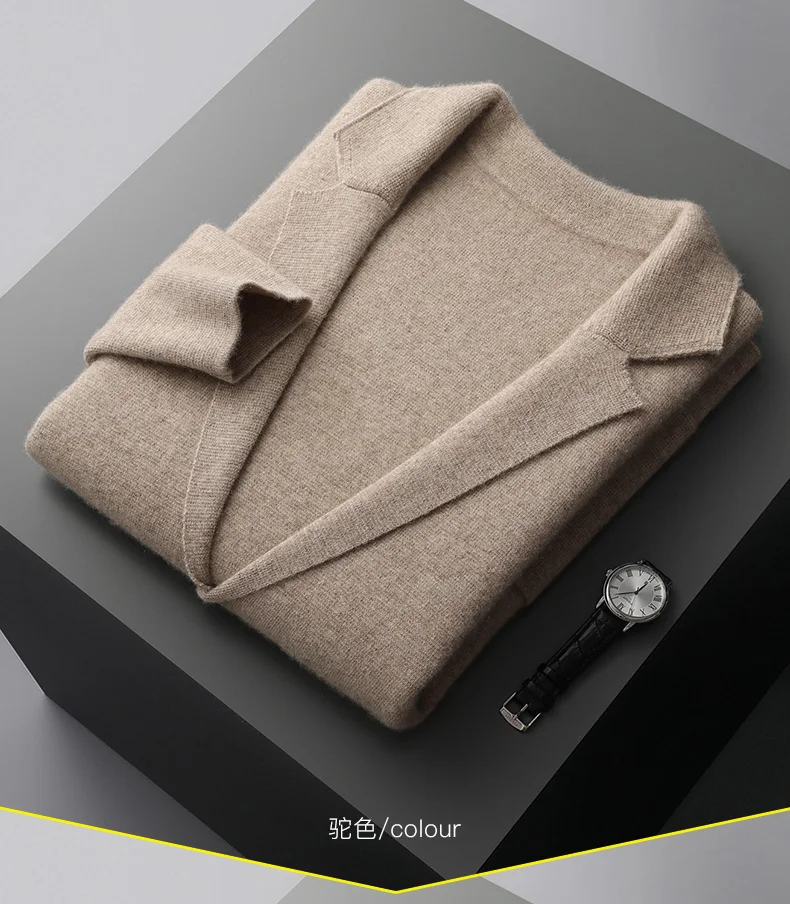 100% Merino Wool Men's Suit Collar Knitted Cardigan Autumn Winter Thickened Solid Color Suit Shirt Cashmere Jacket Sweater