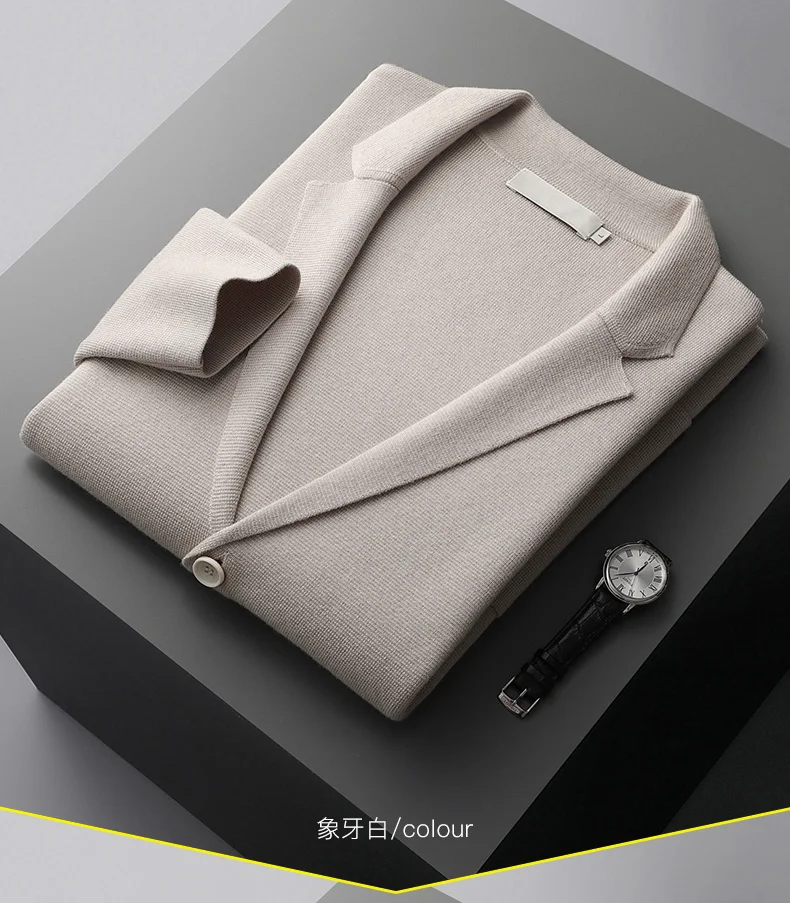 100% Merino Wool Men's Suit Collar Knitted Cardigan Autumn Winter Thickened Solid Color Suit Shirt Cashmere Jacket Sweater
