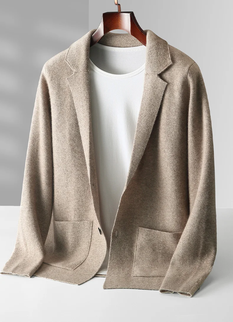 100% Merino Wool Men's Suit Collar Knitted Cardigan Autumn Winter Thickened Solid Color Suit Shirt Cashmere Jacket Sweater