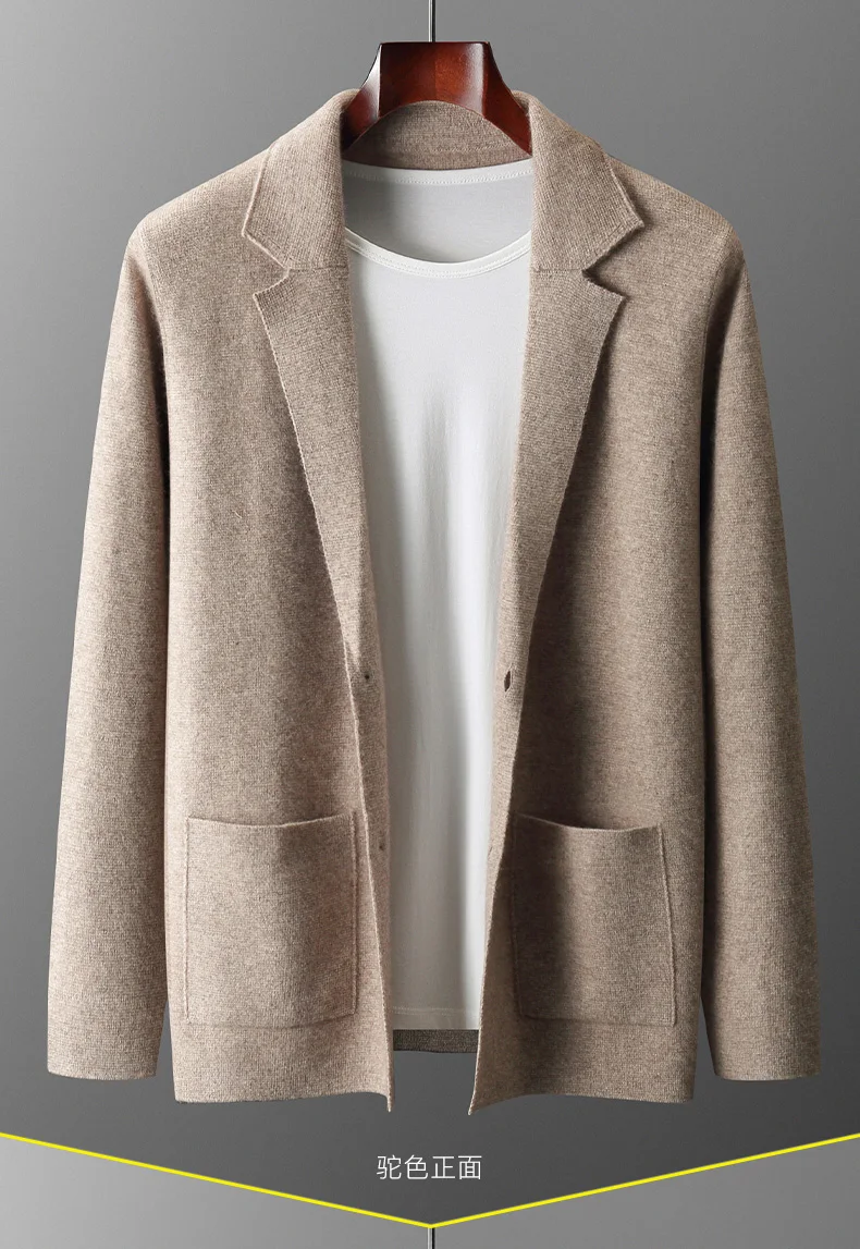 100% Merino Wool Men's Suit Collar Knitted Cardigan Autumn Winter Thickened Solid Color Suit Shirt Cashmere Jacket Sweater