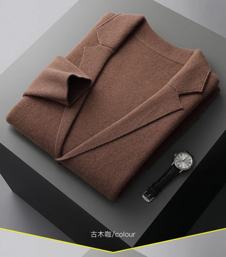 100% Merino Wool Men's Suit Collar Knitted Cardigan Autumn Winter Thickened Solid Color Suit Shirt Cashmere Jacket Sweater