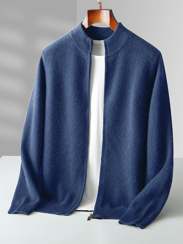 100% Merino Wool Men's Knitwear Cardigans Autumn Winter Thick Zipper Sweater Mock Neck Cashmere Simplicity Comfortable Coat