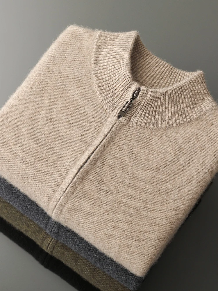 100% Merino Wool Men's Knitwear Cardigans Autumn Winter Thick Zipper Sweater Mock Neck Cashmere Simplicity Comfortable Coat