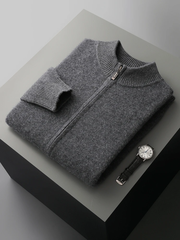 100% Merino Wool Men's Knitwear Cardigans Autumn Winter Thick Zipper Sweater Mock Neck Cashmere Simplicity Comfortable Coat