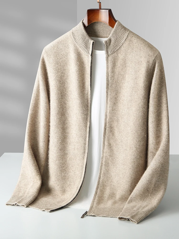 100% Merino Wool Men's Knitwear Cardigans Autumn Winter Thick Zipper Sweater Mock Neck Cashmere Simplicity Comfortable Coat