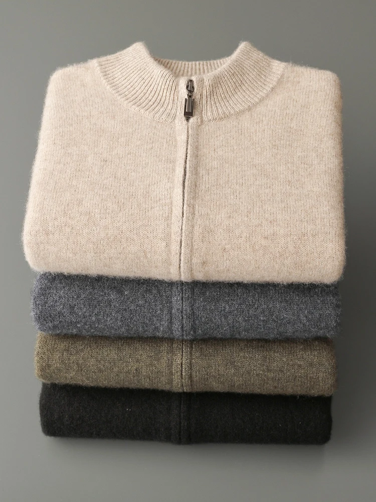 100% Merino Wool Men's Knitwear Cardigans Autumn Winter Thick Zipper Sweater Mock Neck Cashmere Simplicity Comfortable Coat