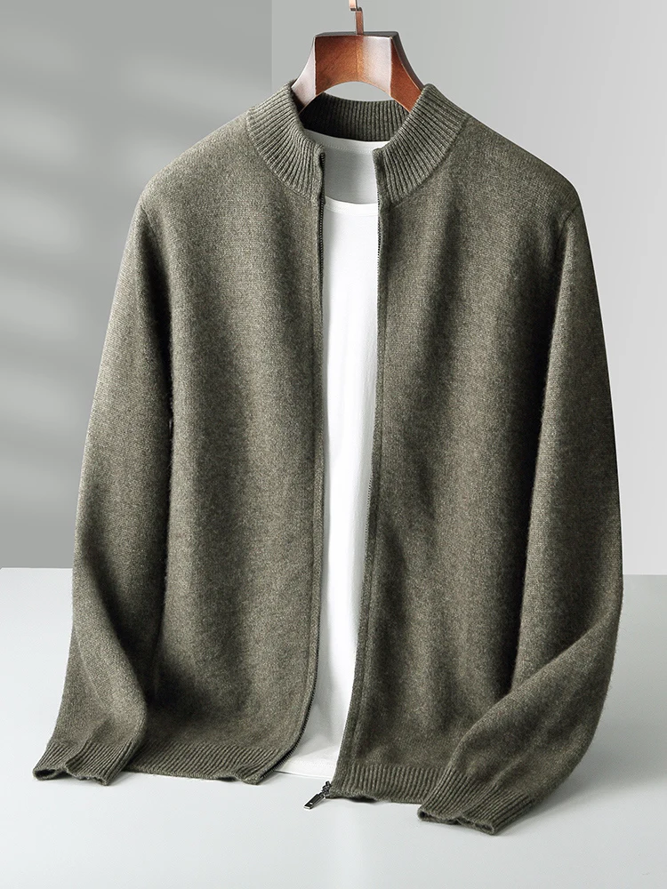 100% Merino Wool Men's Knitwear Cardigans Autumn Winter Thick Zipper Sweater Mock Neck Cashmere Simplicity Comfortable Coat