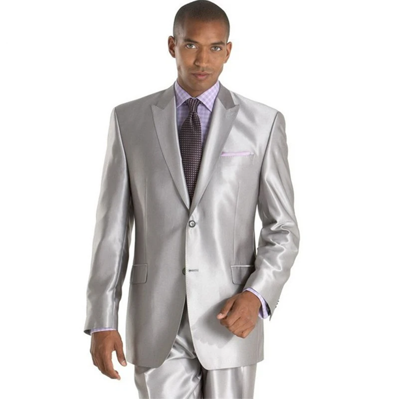2022 New Arrival Mens Suits Groomsmen Peak Lapel Groom Tuxedos Shiny Silver Wedding Best Man Suit