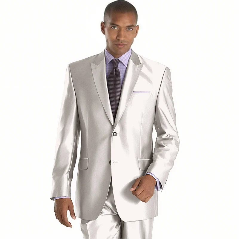 2022 New Arrival Mens Suits Groomsmen Peak Lapel Groom Tuxedos Shiny Silver Wedding Best Man Suit