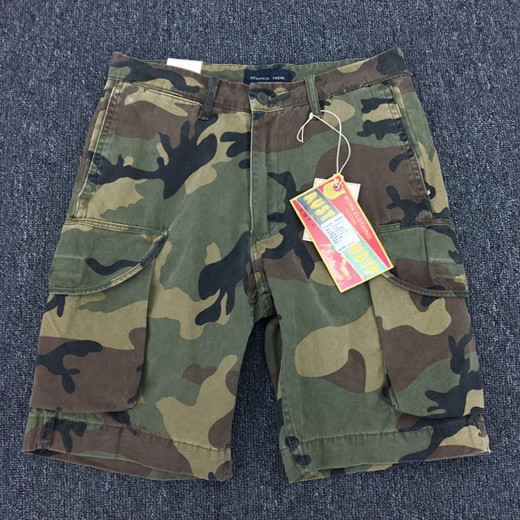 Summer New American Retro Heavyweight Camouflage Cargo Shorts Men's Pure Cotton Washed Loose Multi-pocket Casual 5-point Pants