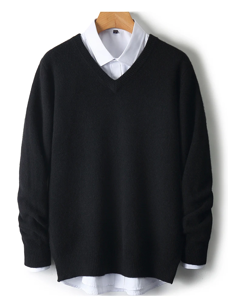 LHZSYY Men's V-Neck Cashmere Sweater 23Autumn Winter New Thick Solid Pullovers Loose Knit Base Shirt Business Casual Jacket Tops