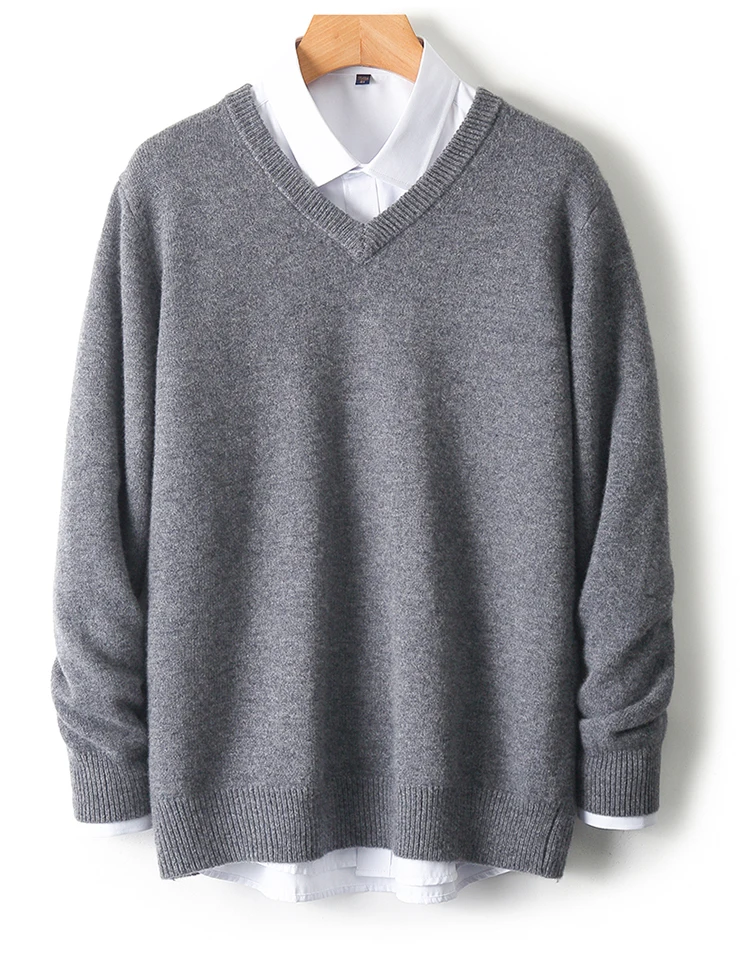 LHZSYY Men's V-Neck Cashmere Sweater 23Autumn Winter New Thick Solid Pullovers Loose Knit Base Shirt Business Casual Jacket Tops