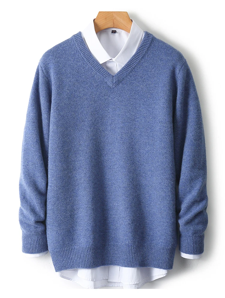 LHZSYY Men's V-Neck Cashmere Sweater 23Autumn Winter New Thick Solid Pullovers Loose Knit Base Shirt Business Casual Jacket Tops