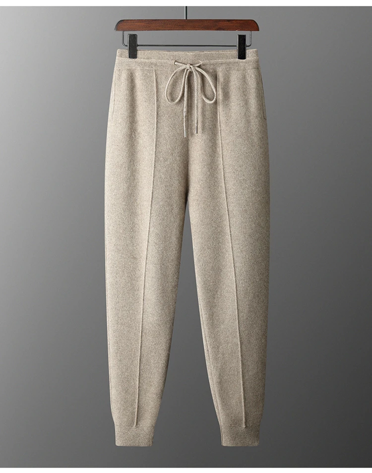 Autumn and Winter Thickened High Waisted 100% Merino Wool Men's Pants Small Leg Pants Casual Business Knitted Sweatpants Warm