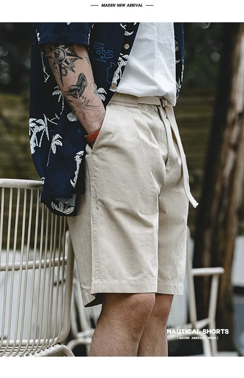 Maden Vintage Buckle Belt Straight Shorts with Outdoor Casual Five-point Pants for Men's New Summer Fashion