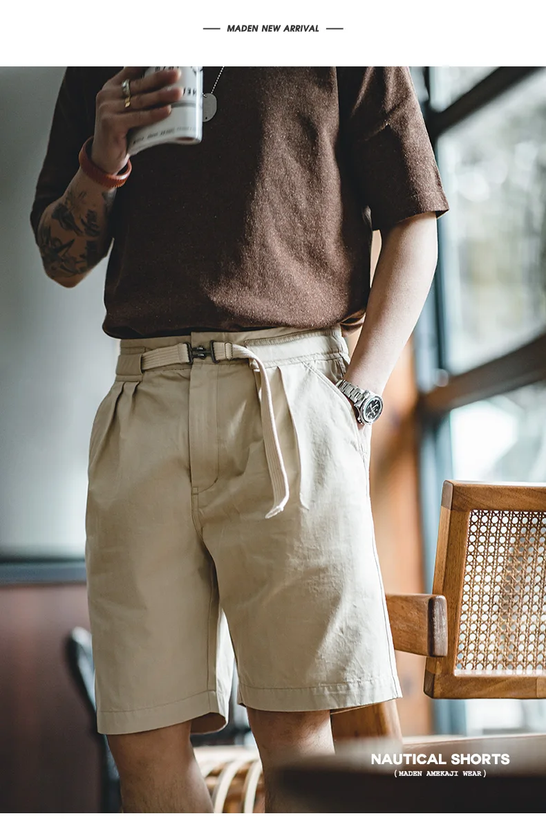 Maden Vintage Buckle Belt Straight Shorts with Outdoor Casual Five-point Pants for Men's New Summer Fashion