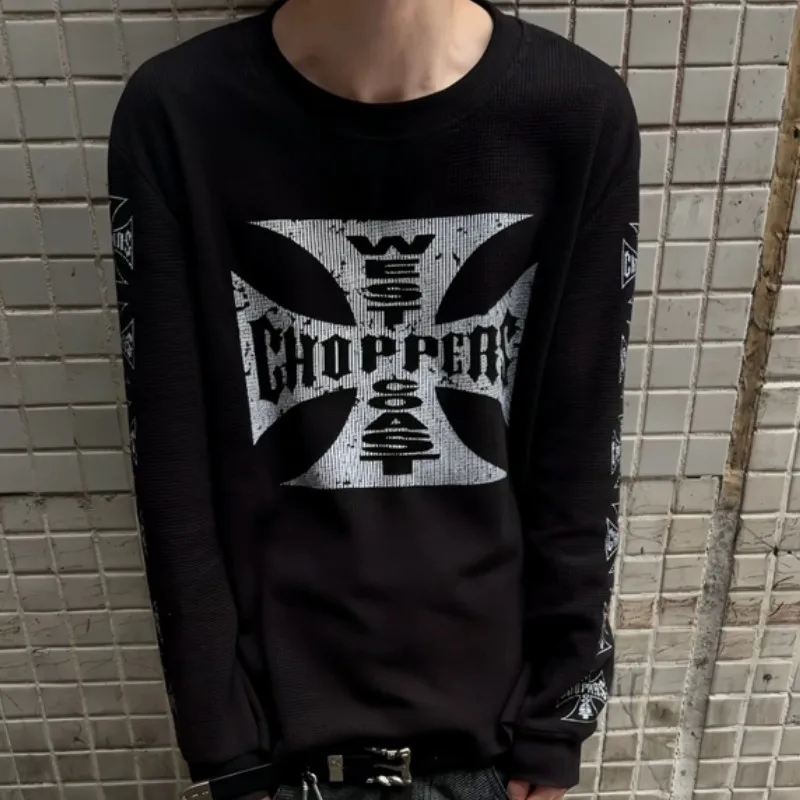 Vintage Distressed Blue West Coast Choppers Waffle Long Sleeve Fading Cross Print Round Neck Tshirts Men Women Oversized Outfit