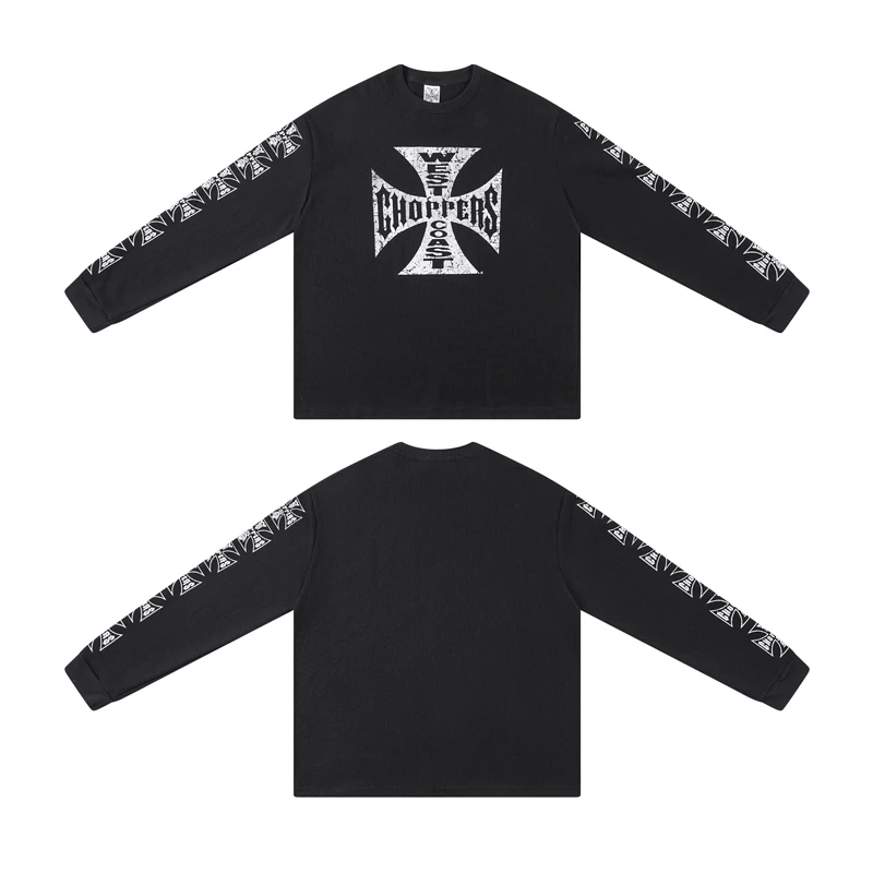 Vintage Distressed Blue West Coast Choppers Waffle Long Sleeve Fading Cross Print Round Neck Tshirts Men Women Oversized Outfit