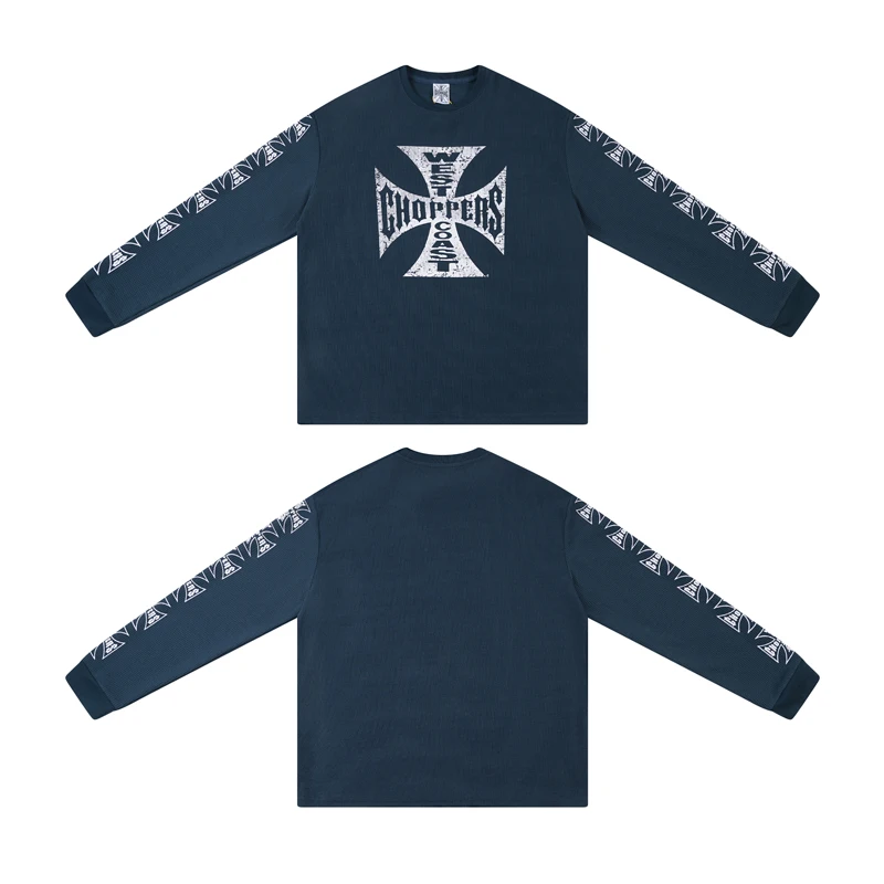Vintage Distressed Blue West Coast Choppers Waffle Long Sleeve Fading Cross Print Round Neck Tshirts Men Women Oversized Outfit