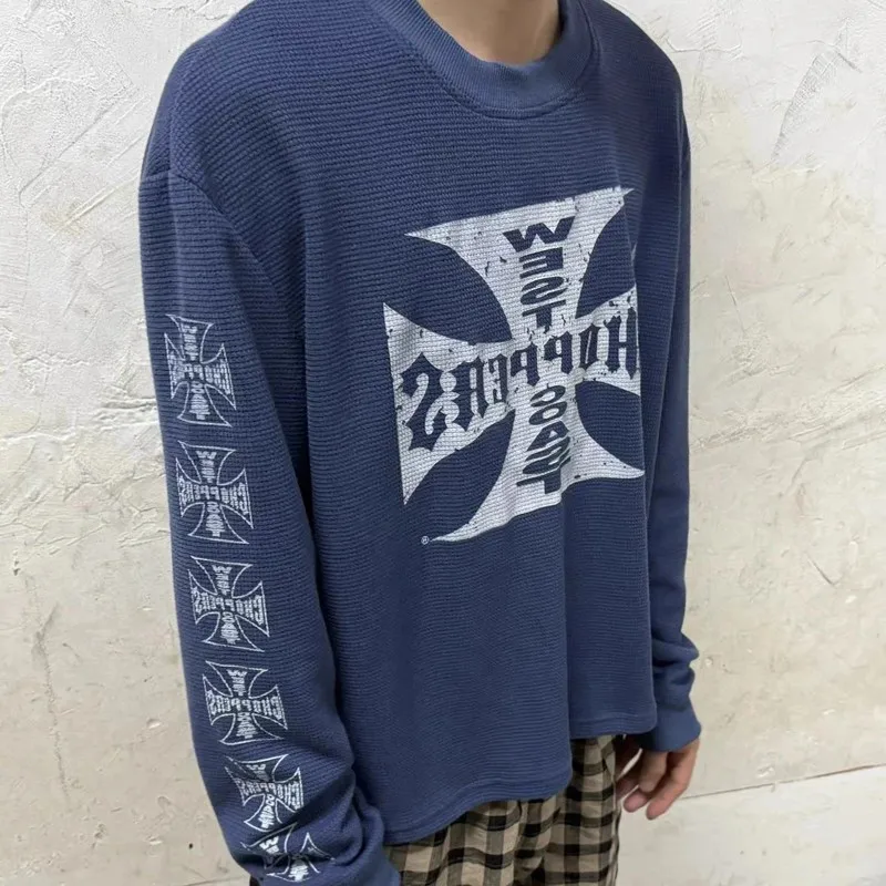 Vintage Distressed Blue West Coast Choppers Waffle Long Sleeve Fading Cross Print Round Neck Tshirts Men Women Oversized Outfit