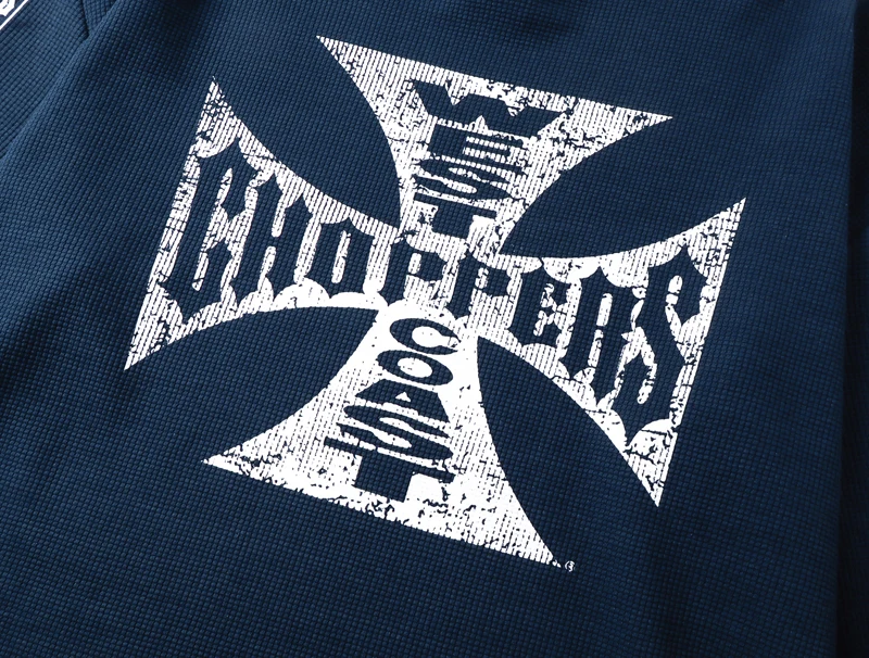 Vintage Distressed Blue West Coast Choppers Waffle Long Sleeve Fading Cross Print Round Neck Tshirts Men Women Oversized Outfit
