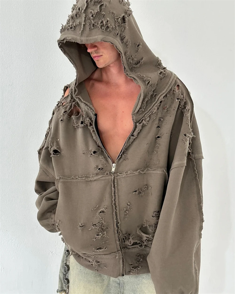 Destroy The Hole Nice Washed Apricot Hoodie Hooded Men Women Oversized Heavy Fabric Unisex Vintage Coats Pullover