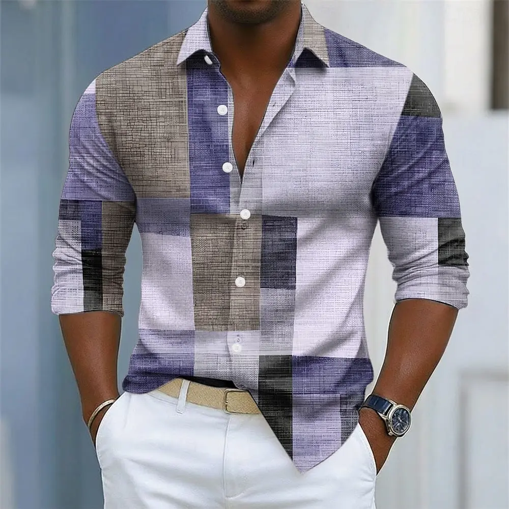 Men's retro plaid print long-sleeved shirt, button-down front for everyday wear, relaxed fit, business casual top.