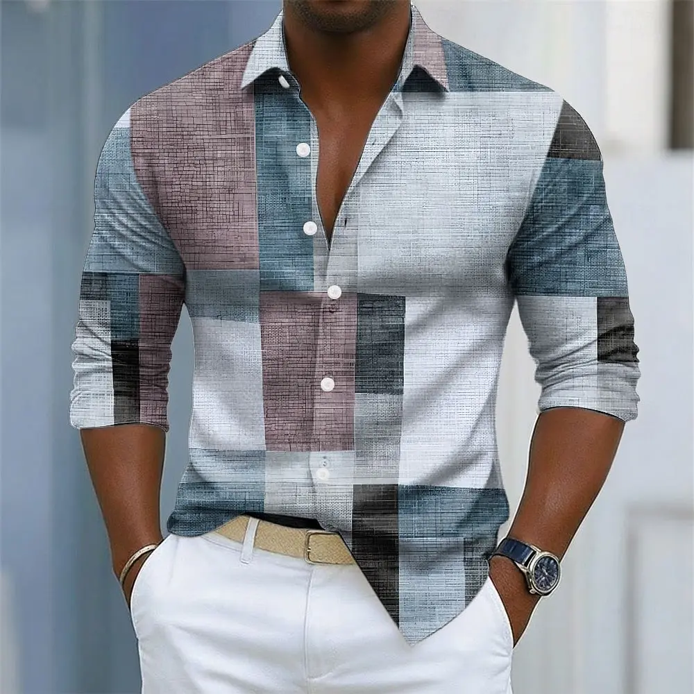 Men's retro plaid print long-sleeved shirt, button-down front for everyday wear, relaxed fit, business casual top.