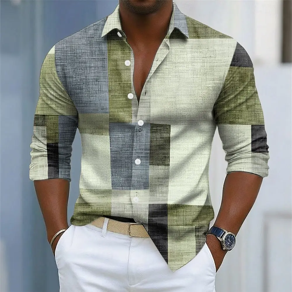 Men's retro plaid print long-sleeved shirt, button-down front for everyday wear, relaxed fit, business casual top.