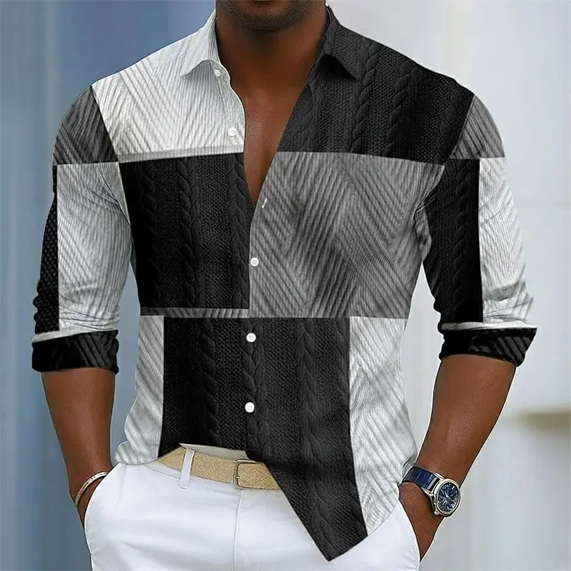 Men's retro plaid print long-sleeved shirt, button-down front for everyday wear, relaxed fit, business casual top.