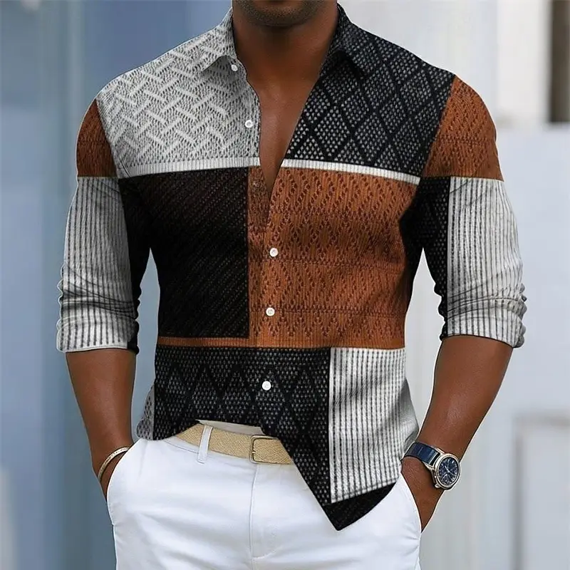 Men's retro plaid print long-sleeved shirt, button-down front for everyday wear, relaxed fit, business casual top.