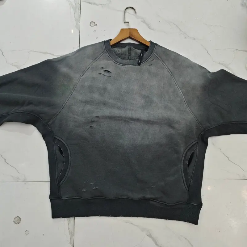 Vintage American Style Distressed Fleece Sweatshirt Men Winter Thick Loose Casual Hooded Pullover with Retro Design