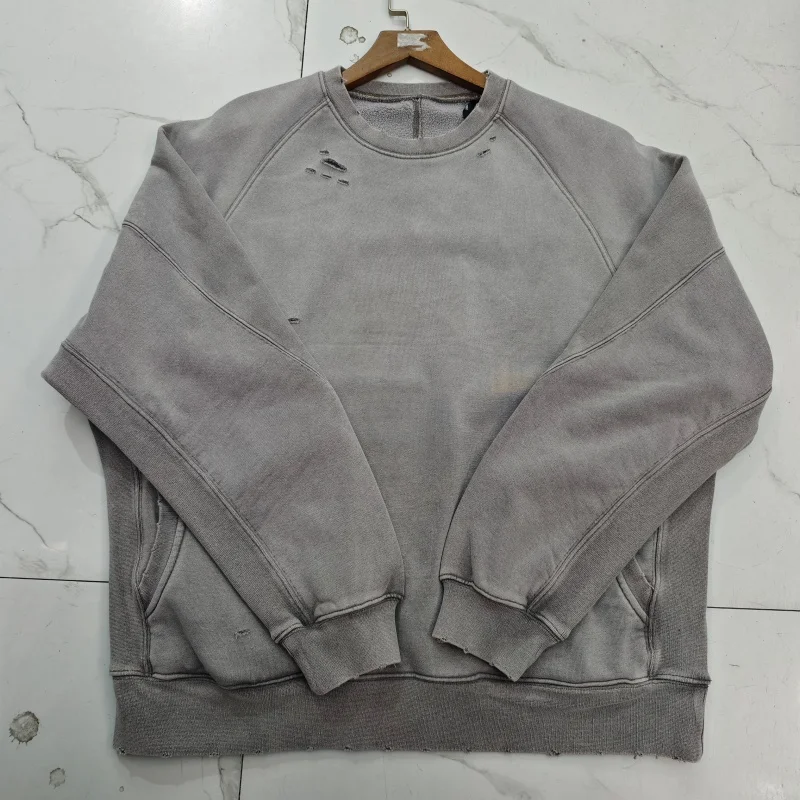 Vintage American Style Distressed Fleece Sweatshirt Men Winter Thick Loose Casual Hooded Pullover with Retro Design