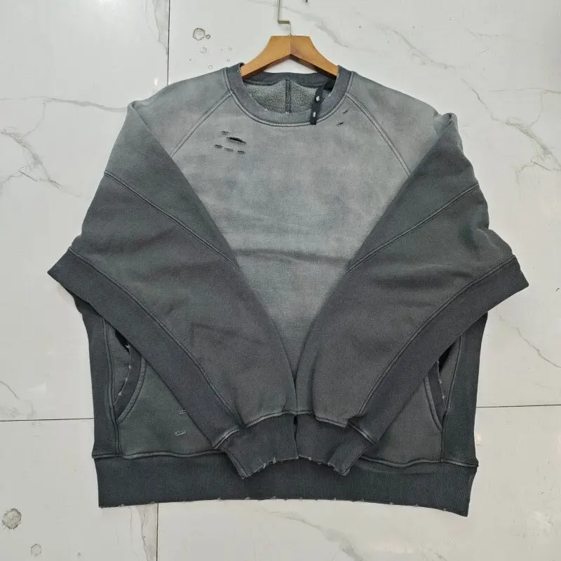 Vintage American Style Distressed Fleece Sweatshirt Men Winter Thick Loose Casual Hooded Pullover with Retro Design