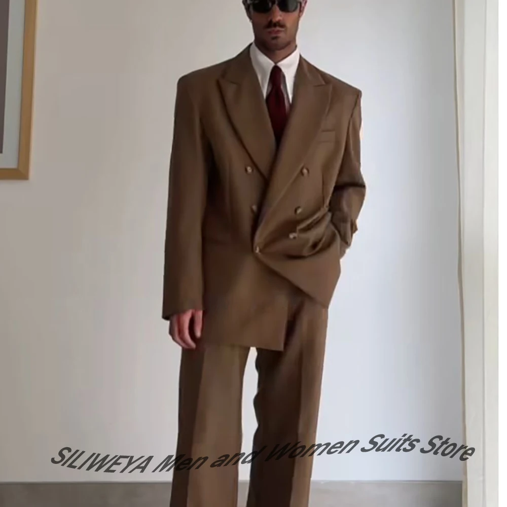 Men's Tan Double-Breasted Oversized Suit Loose-Fit Two Piece(Jacket+Pants) Set Trendy Tailoring Blazer Formal Casual Office Wear