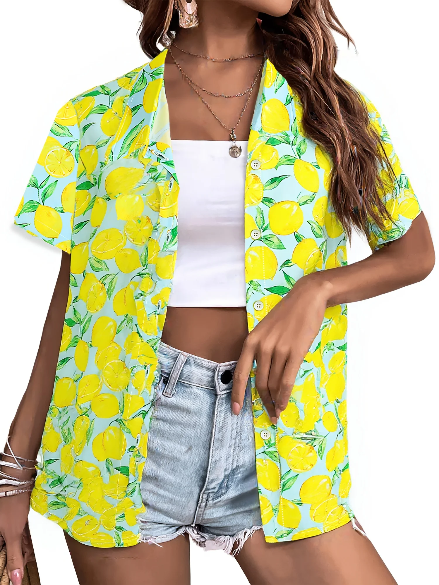Summer Fashion Women's Hawaiian Coconut Tree Print Short Sleeve Lapel Casual Button Shirt Tops Women's Hawaiian Shirt