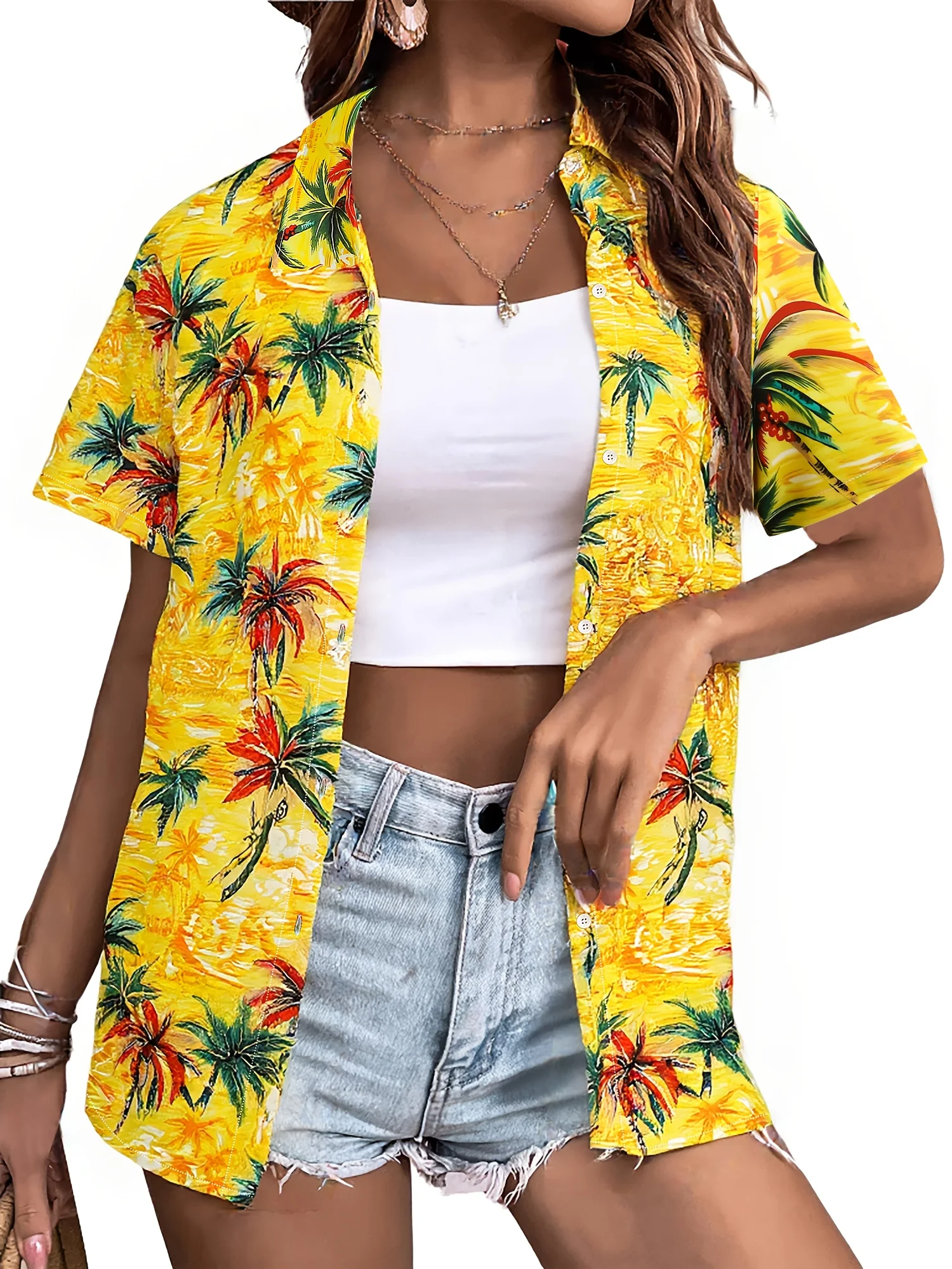 Summer Fashion Women's Hawaiian Coconut Tree Print Short Sleeve Lapel Casual Button Shirt Tops Women's Hawaiian Shirt