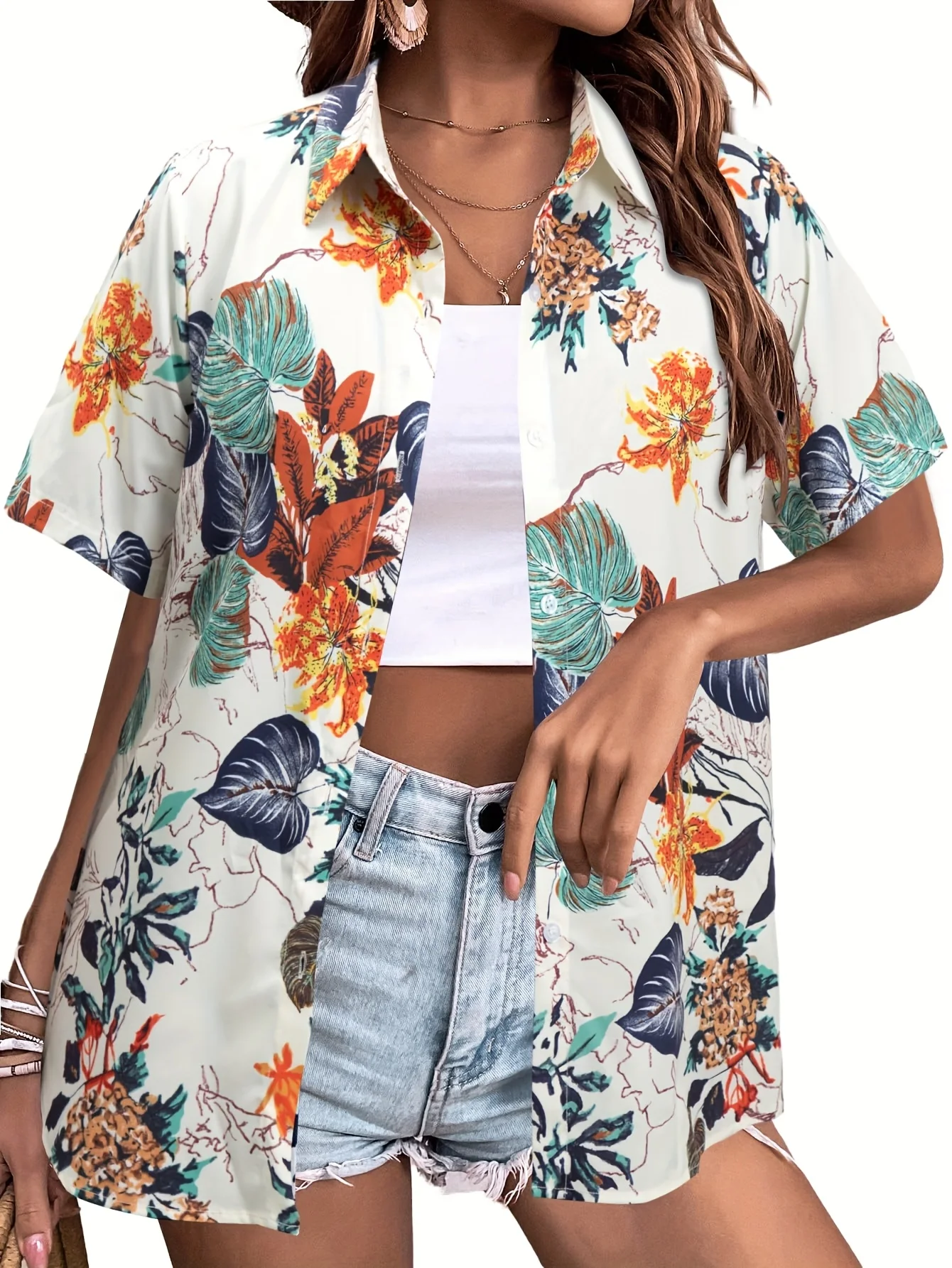 Summer Fashion Women's Hawaiian Coconut Tree Print Short Sleeve Lapel Casual Button Shirt Tops Women's Hawaiian Shirt