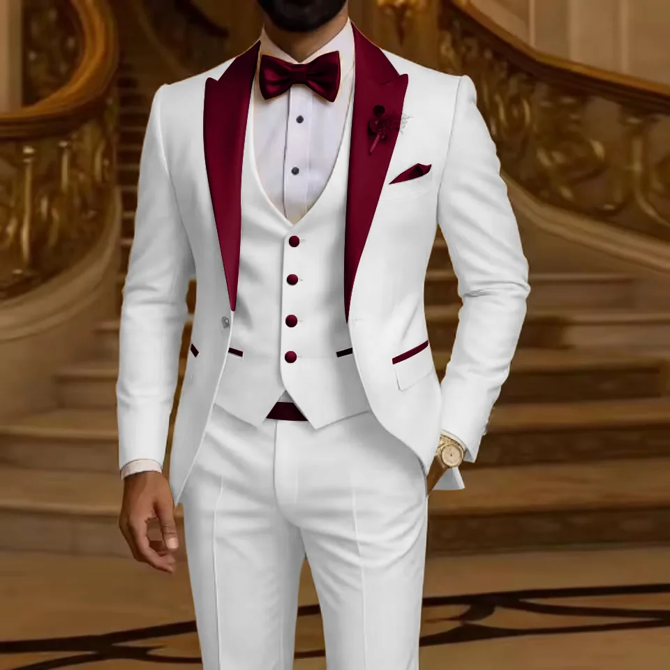 Men's 3 Piece Formal Business Suit Slim Fit Peak Lapel Groom Tuxedo Best Man Wedding Party Blazer Vest Pants Set Men Outfits
