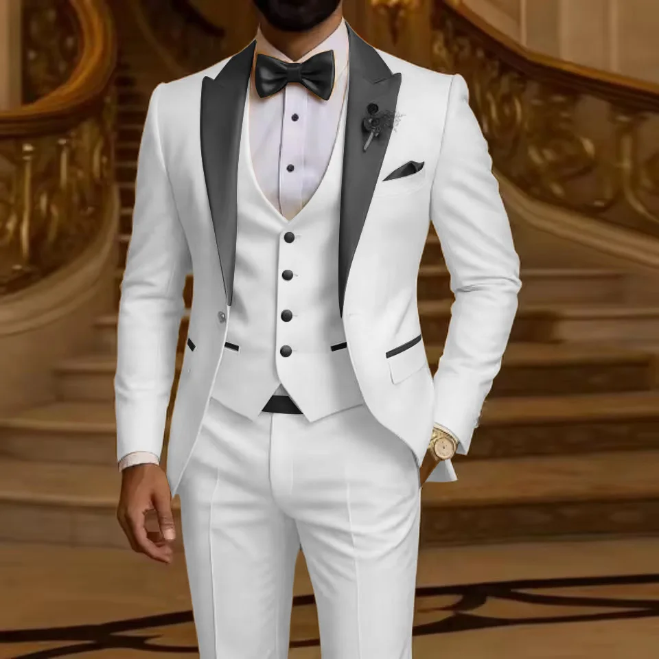 Men's 3 Piece Formal Business Suit Slim Fit Peak Lapel Groom Tuxedo Best Man Wedding Party Blazer Vest Pants Set Men Outfits