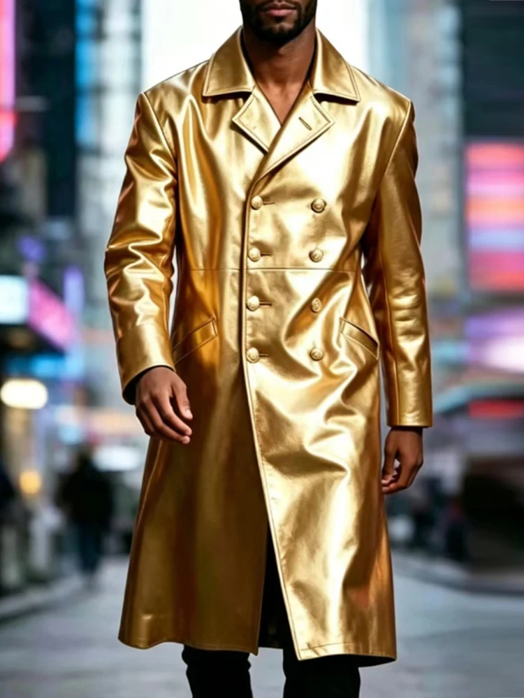 Daily Casual Turn-down Collar Coats Mens Fall Shiny Leather Long Sleeve Outerwear Men Vintage Double-breasted Maxi Jacket